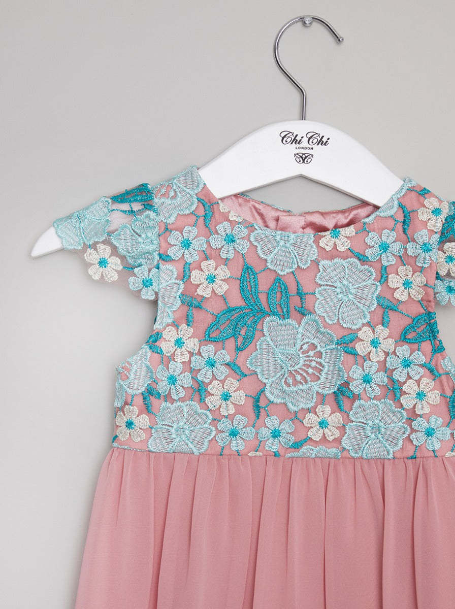 Girls Emroidered Bodice Midi Dress in Pink