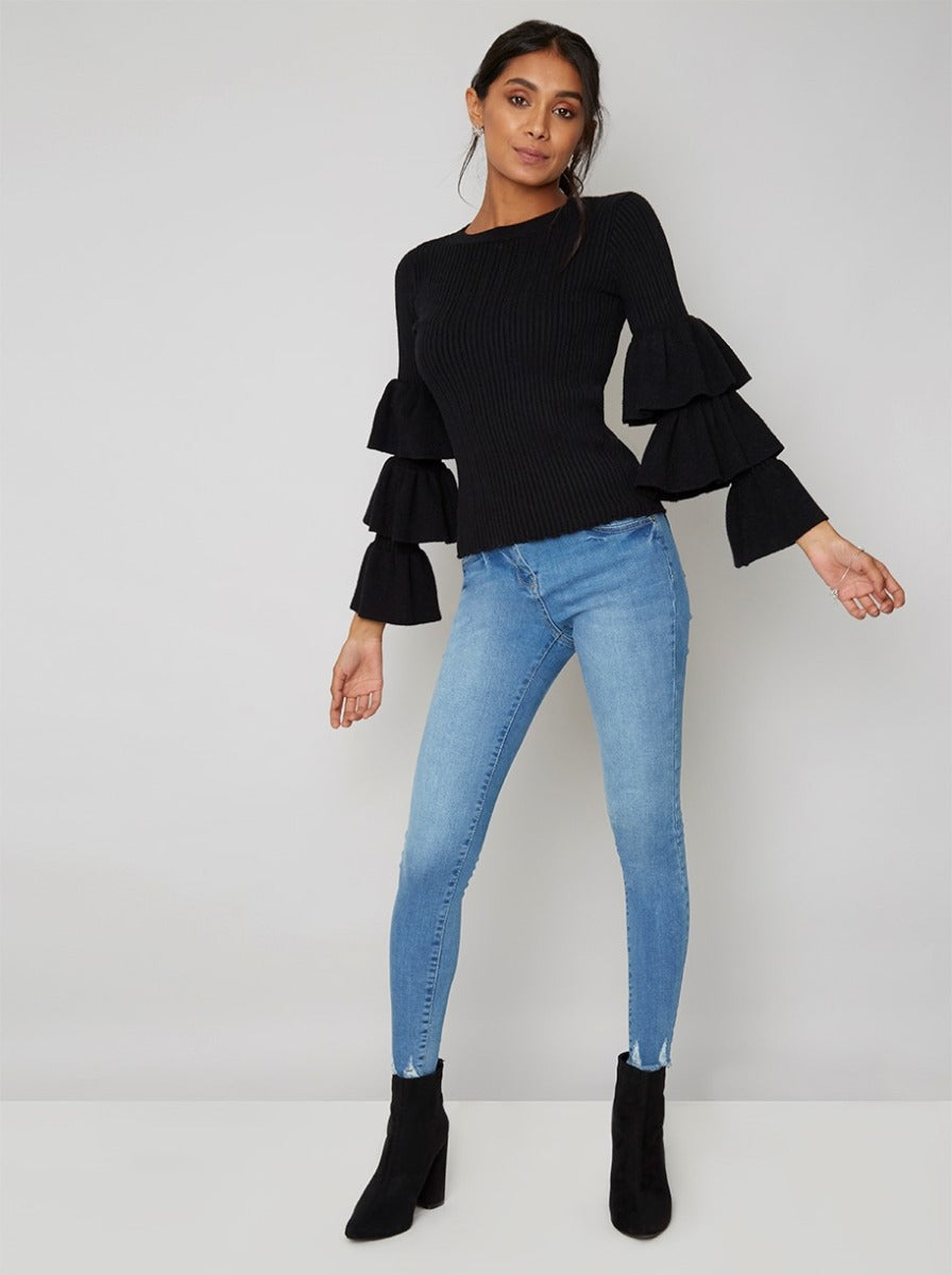 Ruffle Detail Jumper in Black