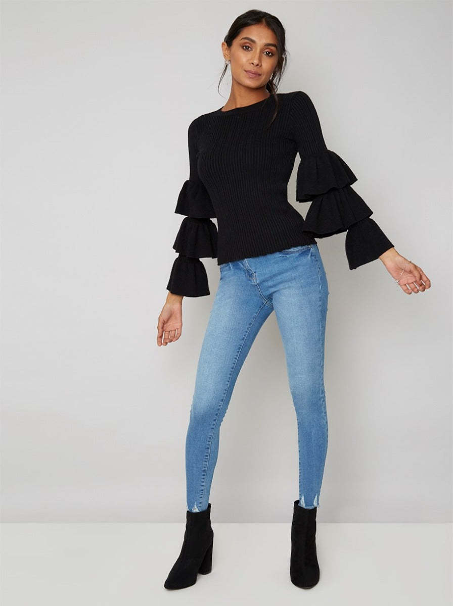 Ruffle Detail Jumper in Black