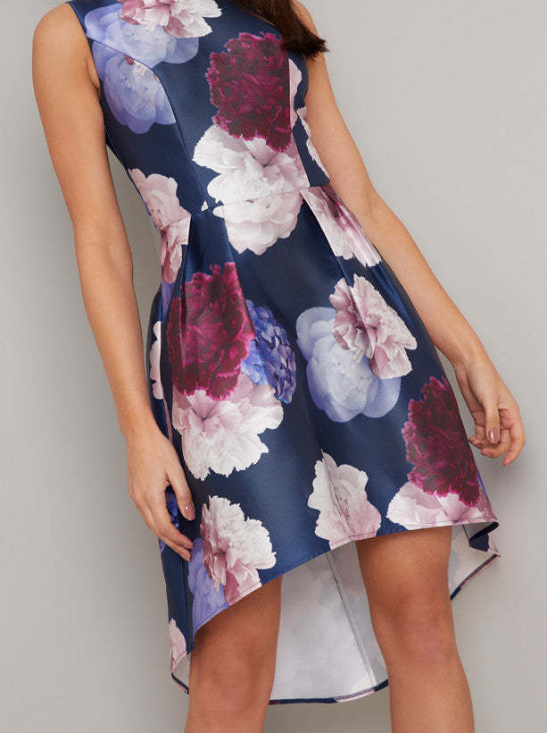 Floral Print Dip Hem Mini Dress in Blue