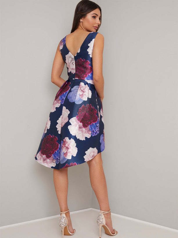 Floral Print Dip Hem Mini Dress in Blue