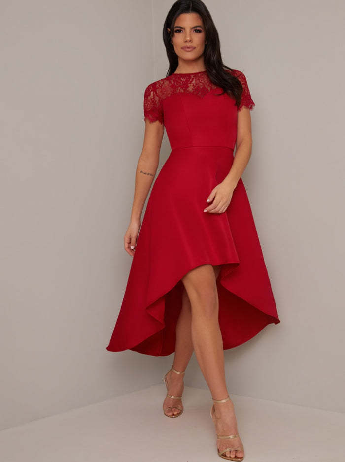 Lace Bodice Sweetheart Neck Dip Hem Midi Dress in Red Chi Chi London