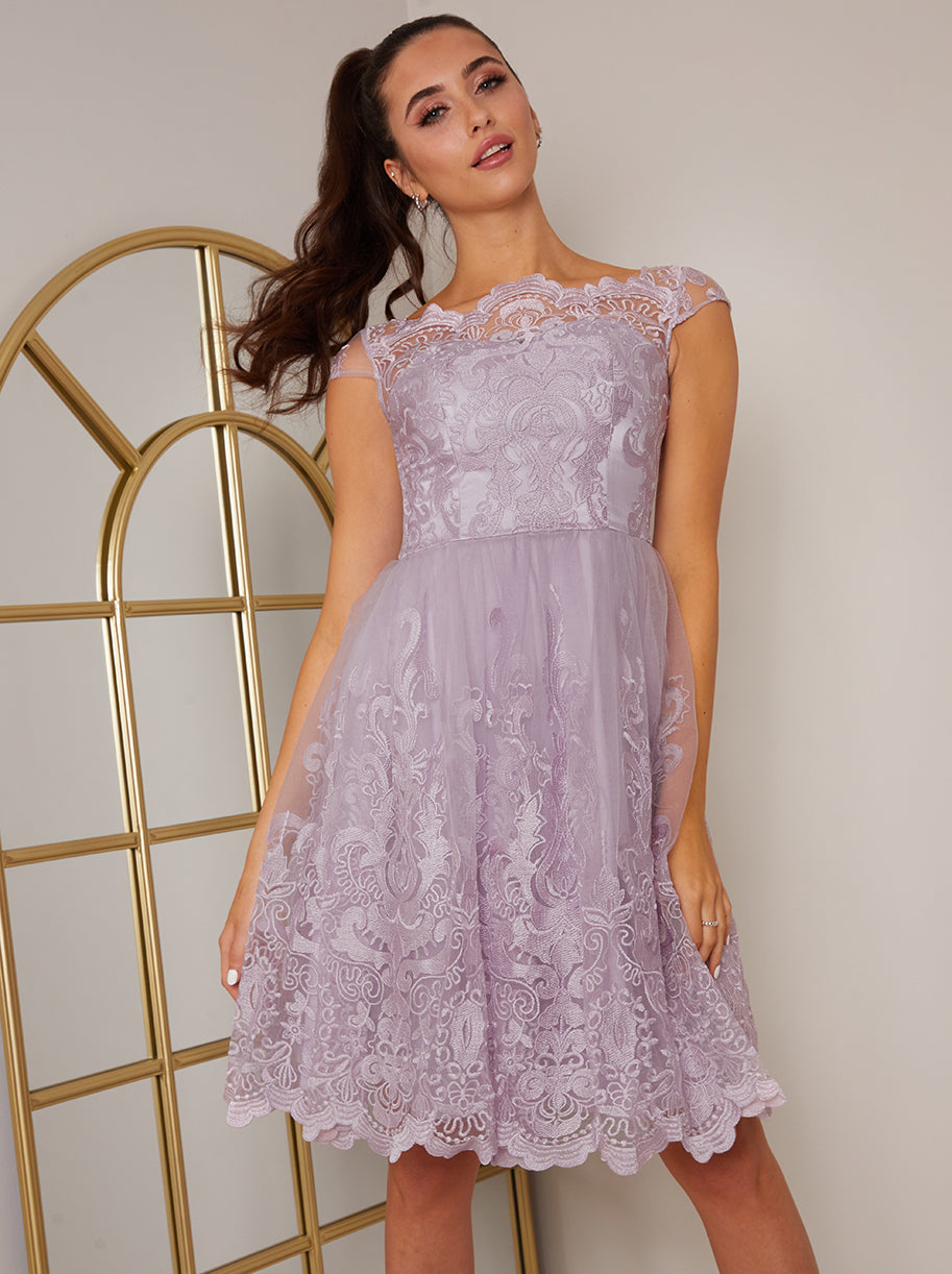 Cap Sleeved Embroidered Scallop Hem Midi Dress in Lilac