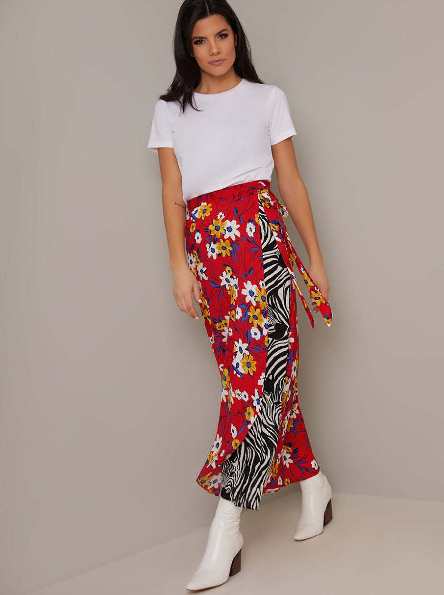Floral Contrast Print Longline Midi Skirt in Multi