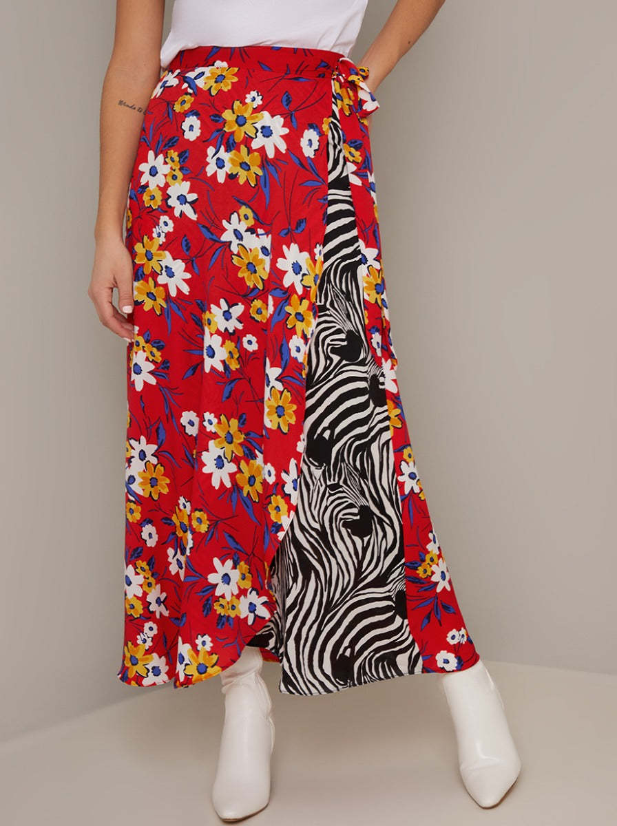 Floral Contrast Print Longline Midi Skirt in Multi