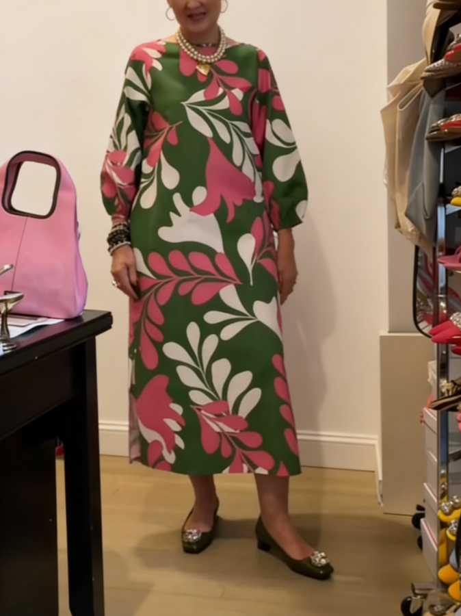 Boat Neck Puff Sleeve Printed Maxi Dress