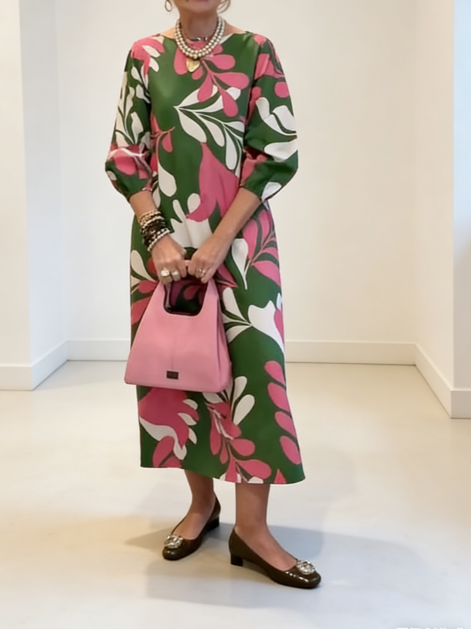 Boat Neck Puff Sleeve Printed Maxi Dress