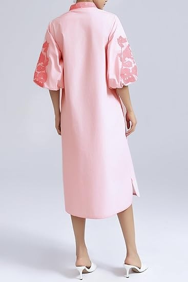 Casual V-Neck Floral Embroidery 3/4 Sleeves Mid Dress