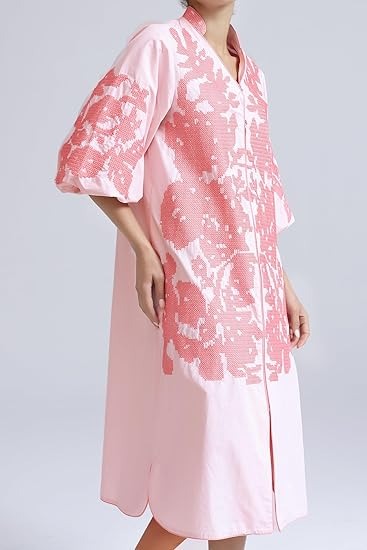 Casual V-Neck Floral Embroidery 3/4 Sleeves Mid Dress