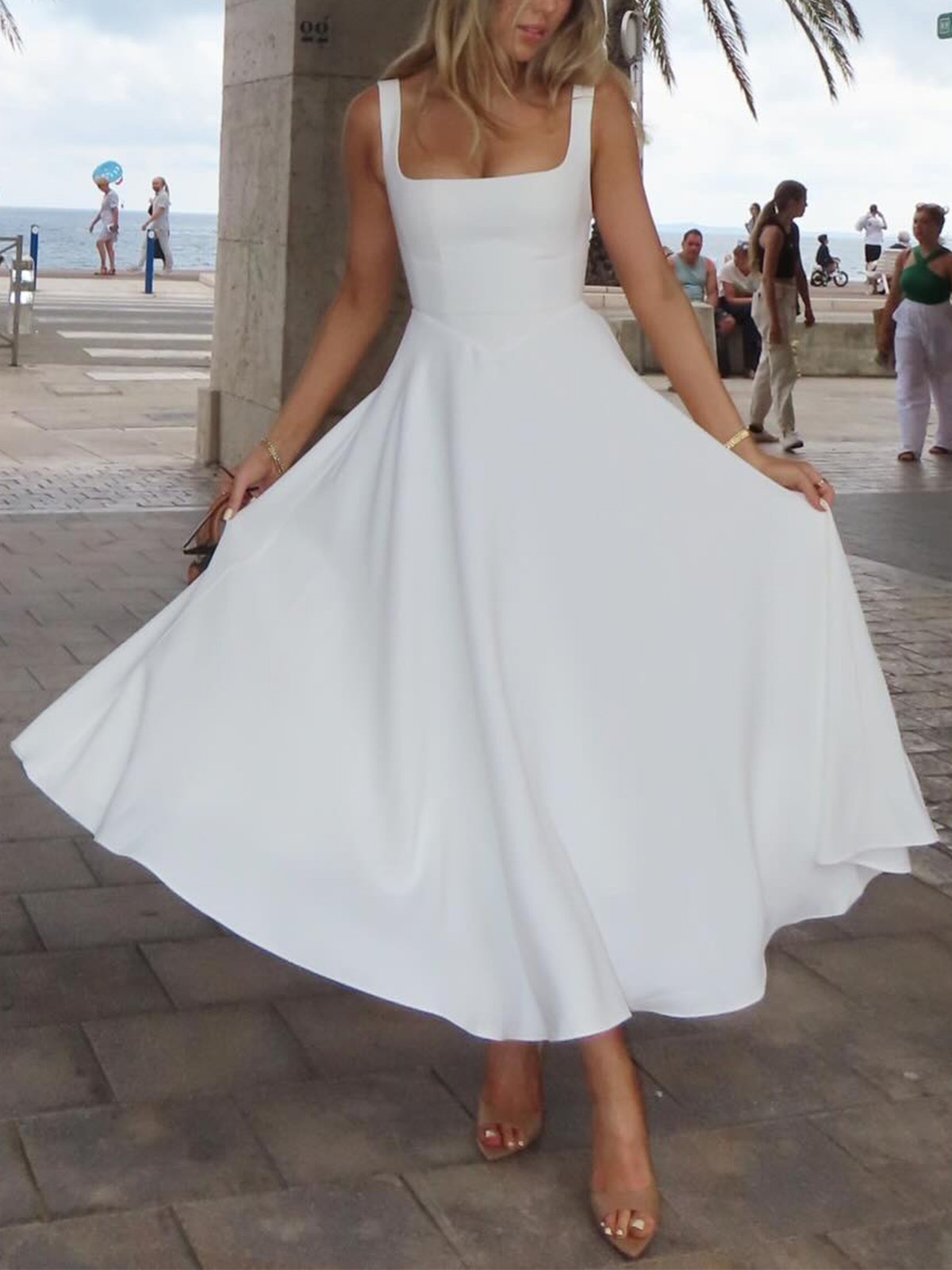 High Waist Square Neck Midi Dress