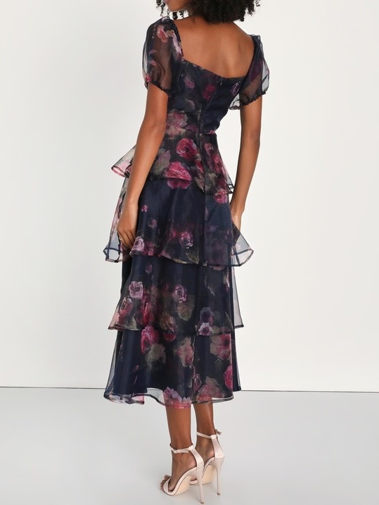 Navy Fall Floral Maxi Party Dress