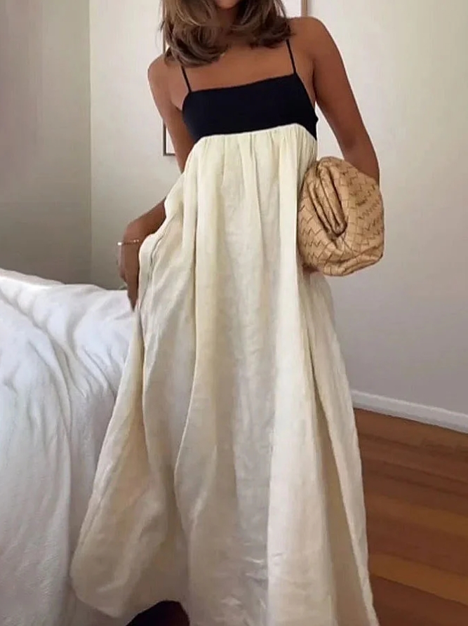 Loose Suspender Black And White Patchwork Maxi Dress