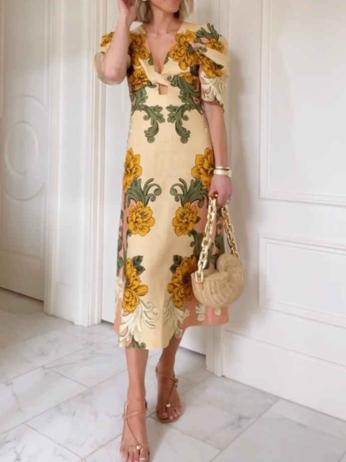 Knotted Printed Short Sleeve Midi Dress