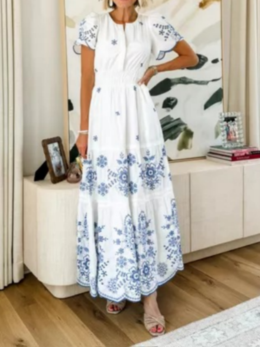 (🔥50% Off--Our best-selling dress is back! 🔥）Eyelet Short Sleeve Maxi Dress