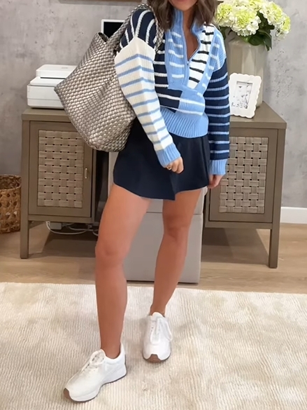 Colorblock Striped Zipper Knit Sweater