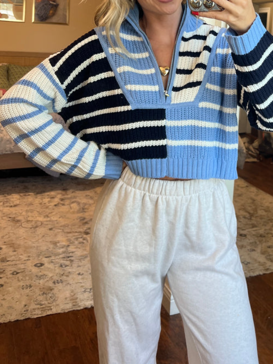 Colorblock Striped Zipper Knit Sweater