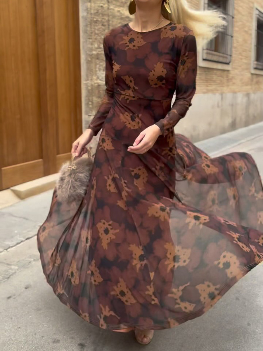 Mesh Patchwork Long Sleeve Maxi Dress