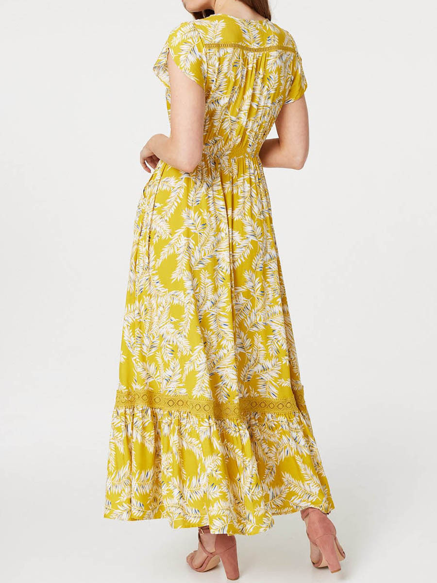 Leaf Print Lace Detail Maxi Dress