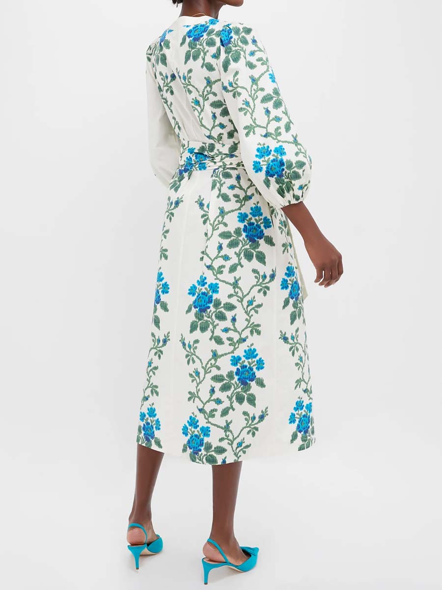 Printed V Neck Puff Sleeve Dress