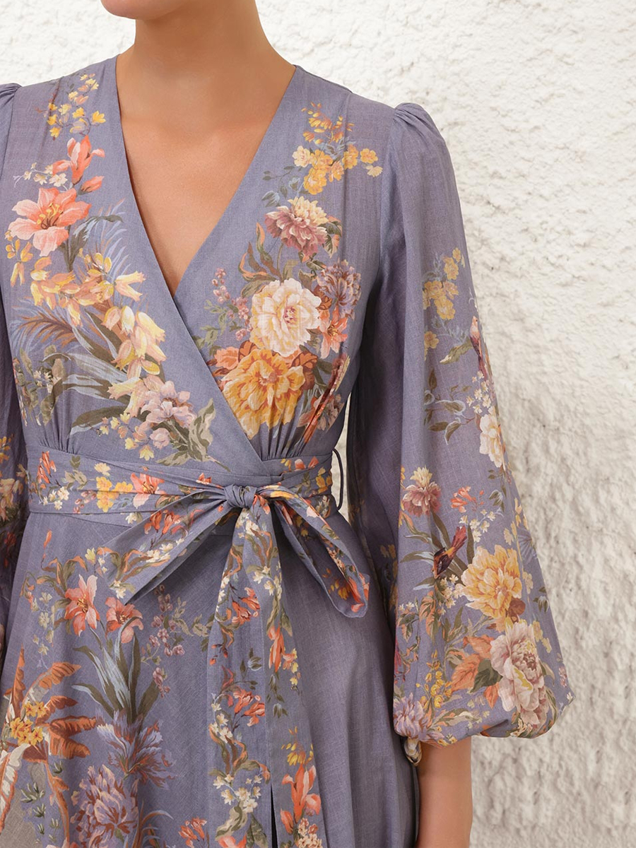 Lantern Sleeves V-neck Placement Print Dress