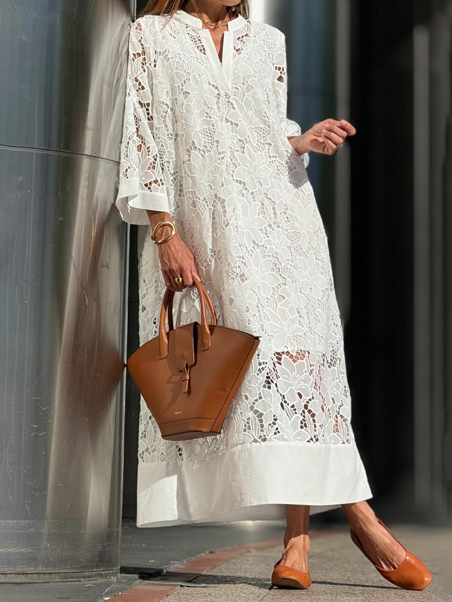 Lace Patchwork V Neck Loose Dress