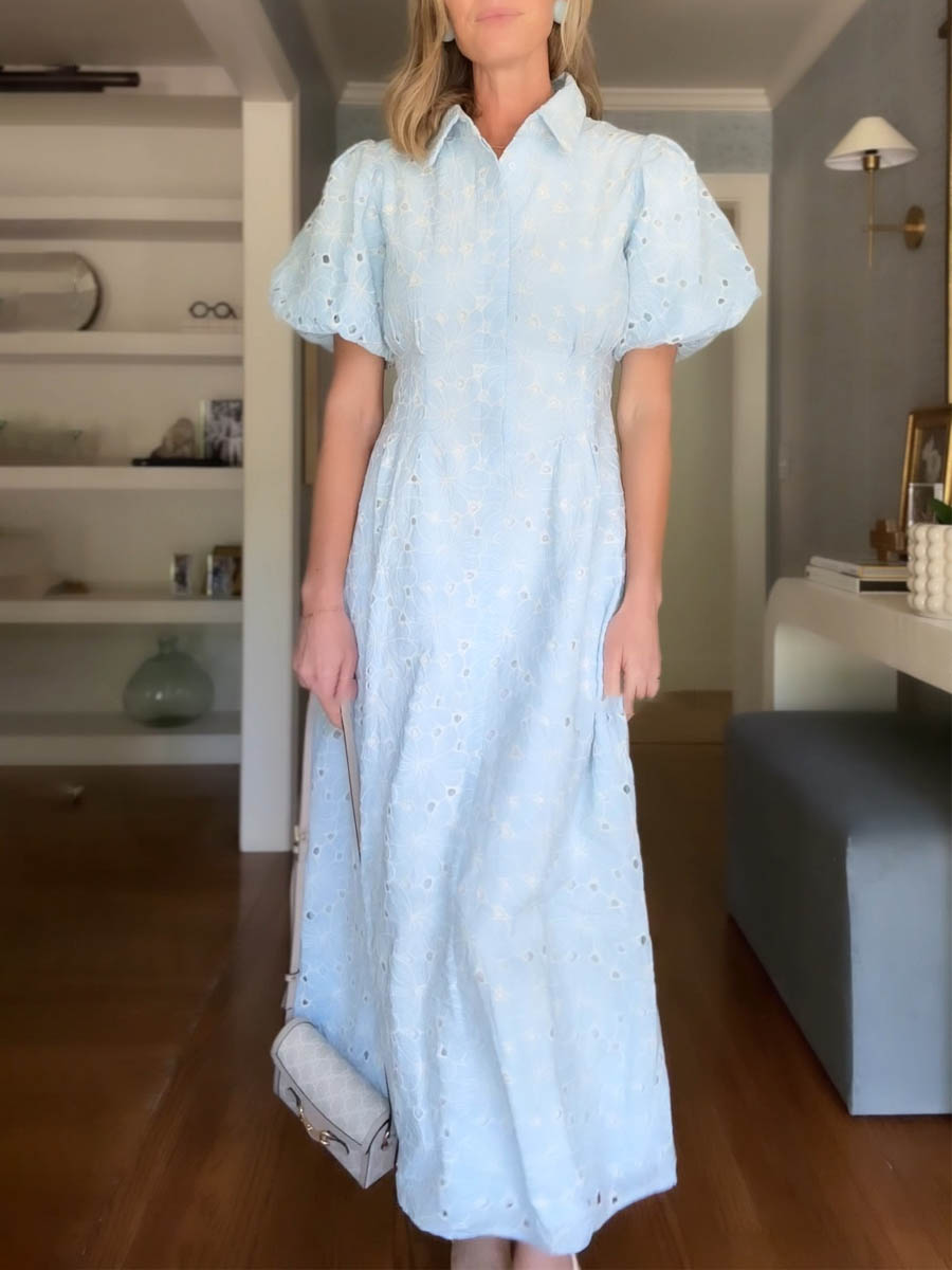 Eyelet Short Puff Sleeve Fitted Waist Dress