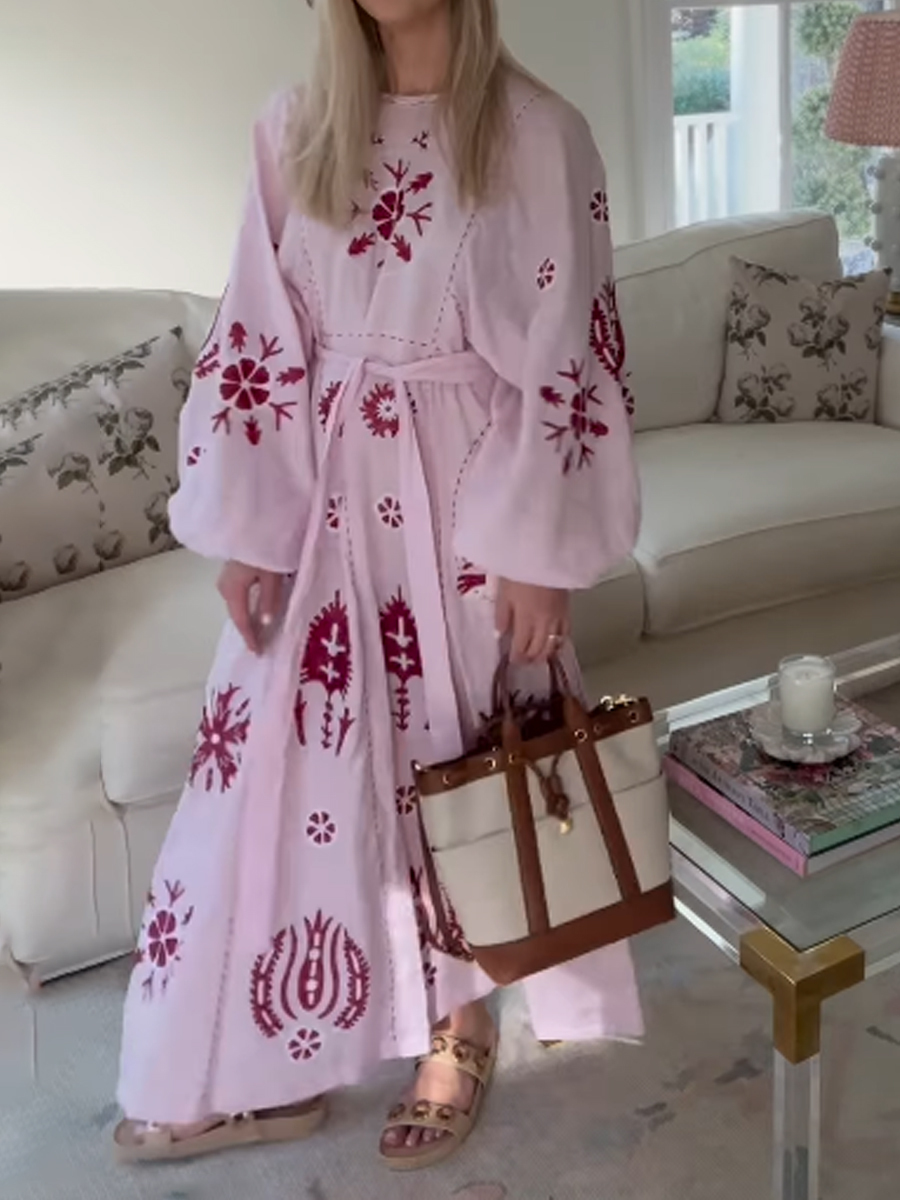 Pink Embroidered Linen Midi Dress
