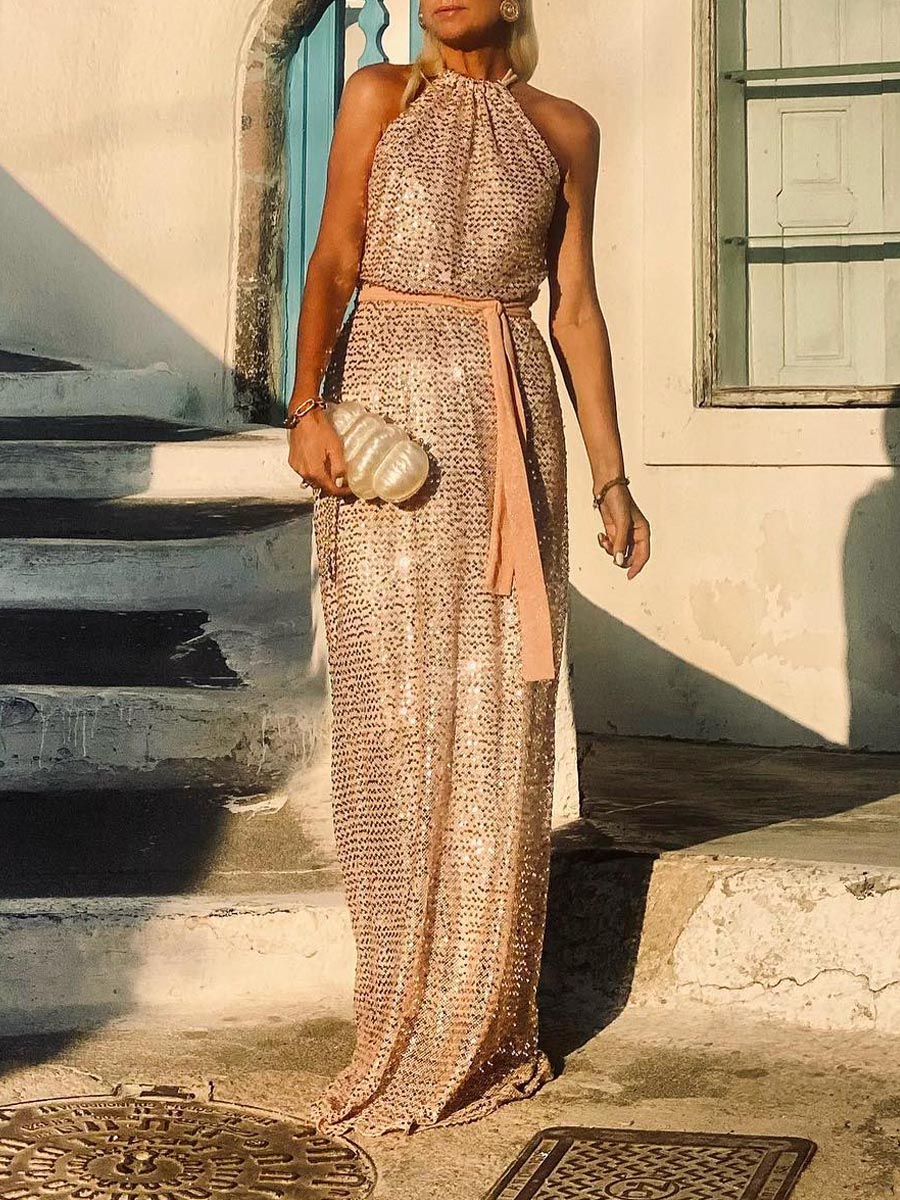 Halter Neck Sequin Party Maxi Dress