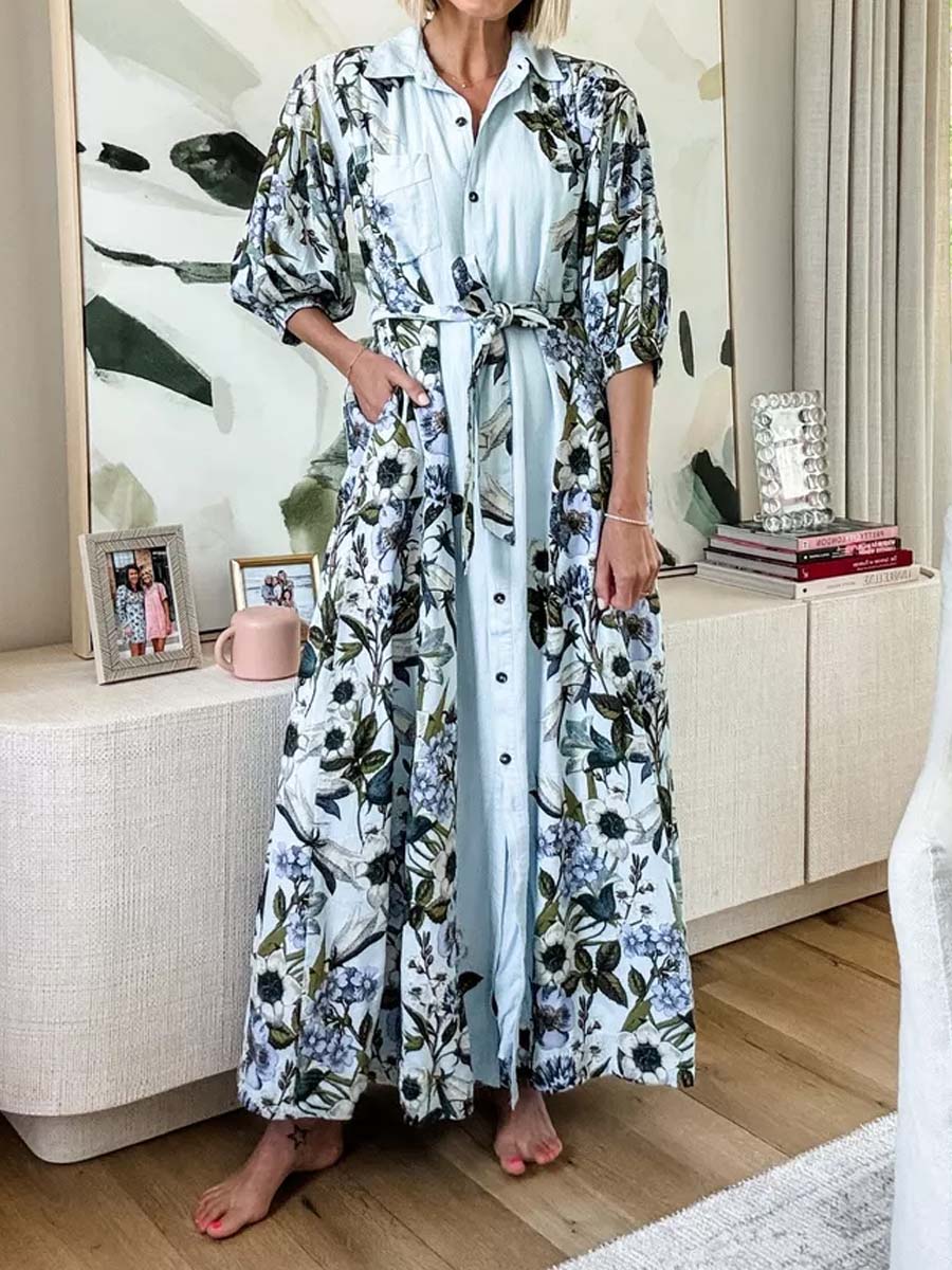 Printed Button Up Long Sleeve Maxi Dress