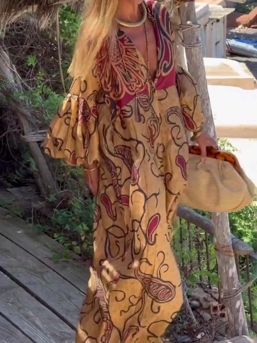 V-neck Fashion Printed Long Sleeve Loose Dress