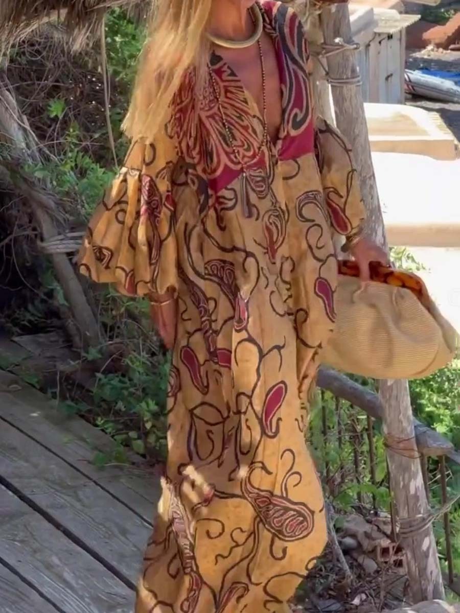V-neck Fashion Printed Long Sleeve Loose Dress