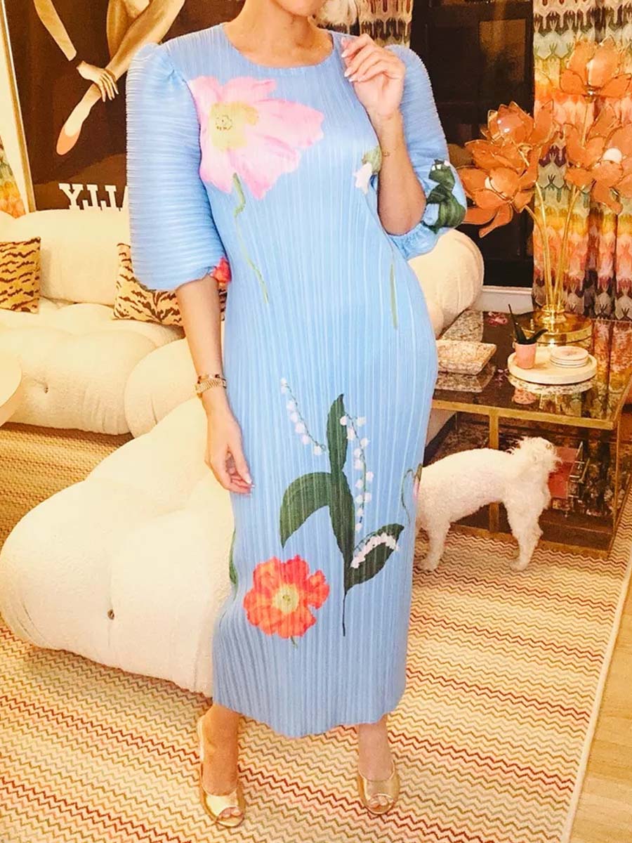 Floral Print Crinkled Puff Sleeve Dress