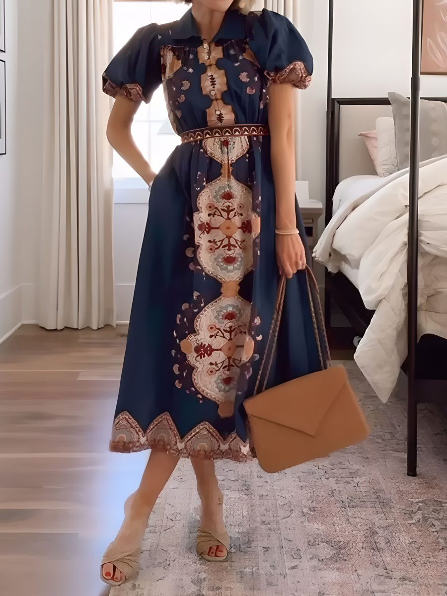Printed Short Sleeve Midi Dress