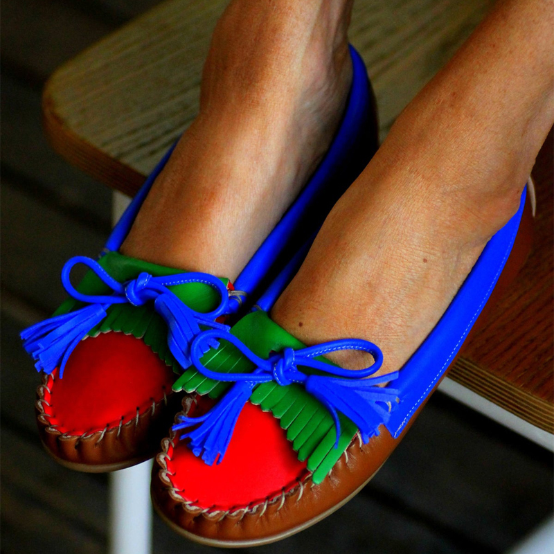 Color Block Bow Soft Bottom Flat Shoes Bean Shoes