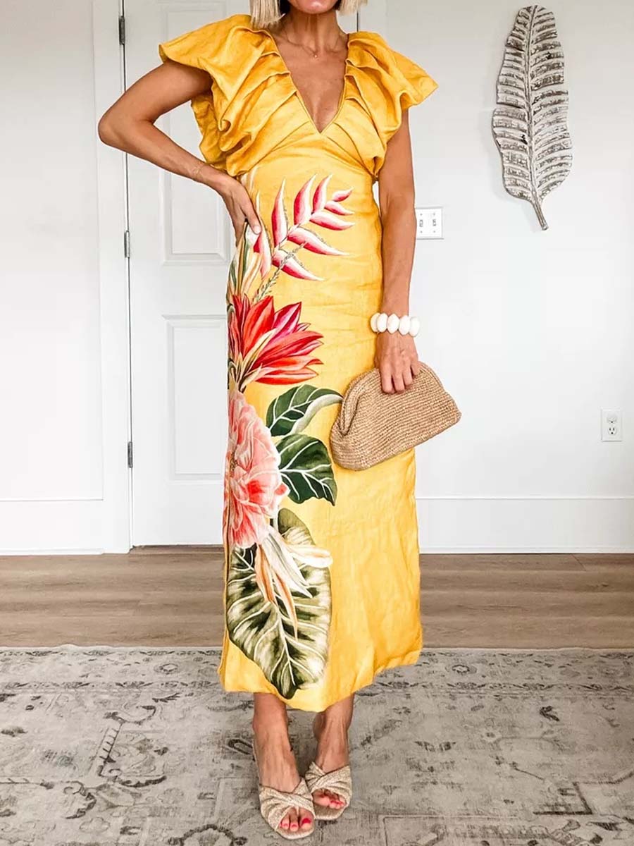 Printed V-neck Short Bubble Sleeve Dress