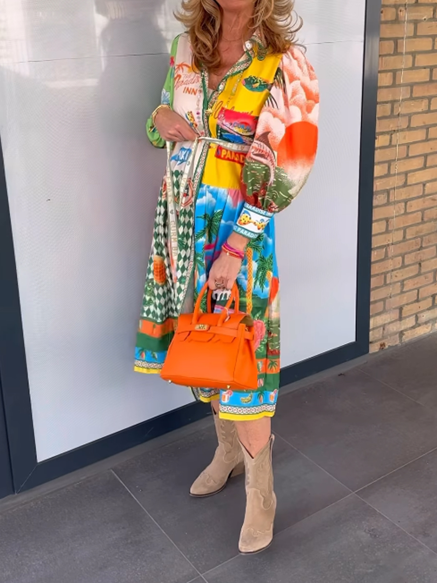 Lantern Sleeve Graffiti Print Lace-up Dress