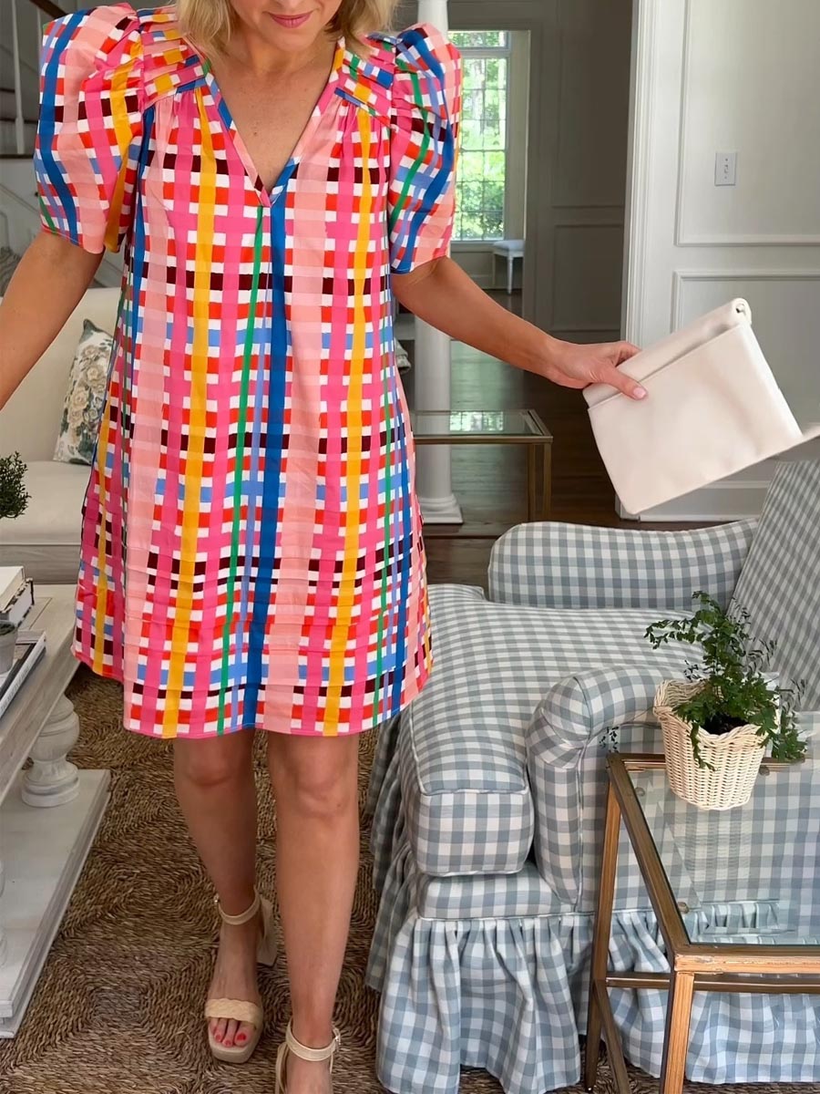 V Neck Puff Sleeve Printed Mini Dress