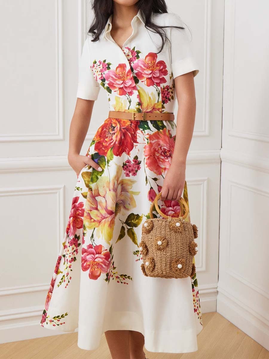 Floral Border Print Shirt Midi Dress