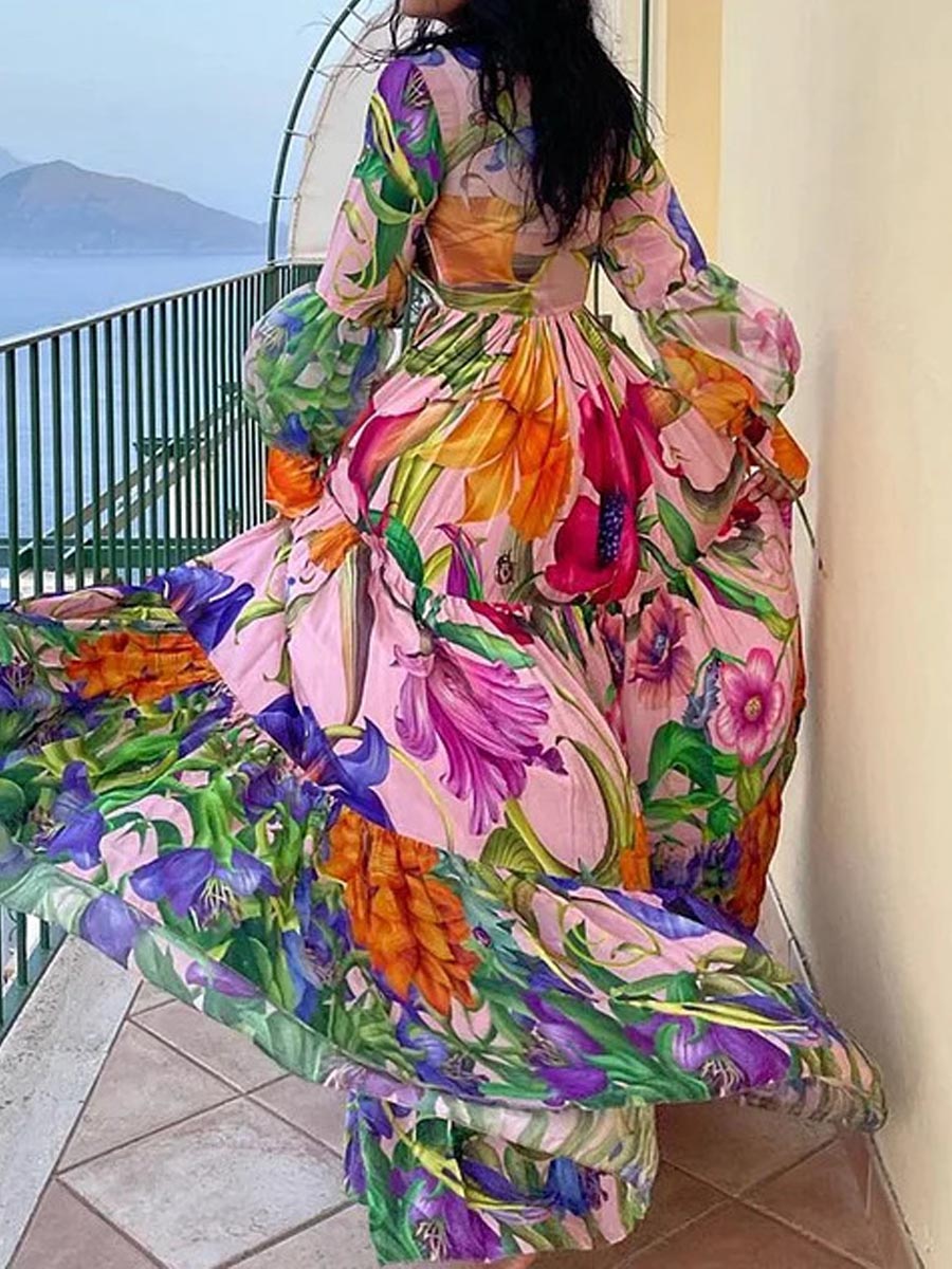 Deep V-neck Lantern Sleeve Seaside Holiday Printed One-piece Swimsuit Suit