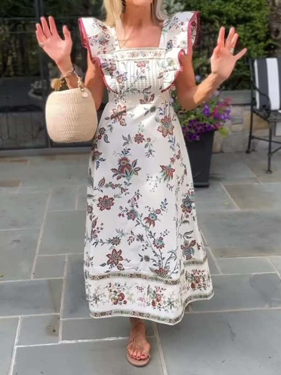 Flutter Sleeve Square Neck Printed Dress