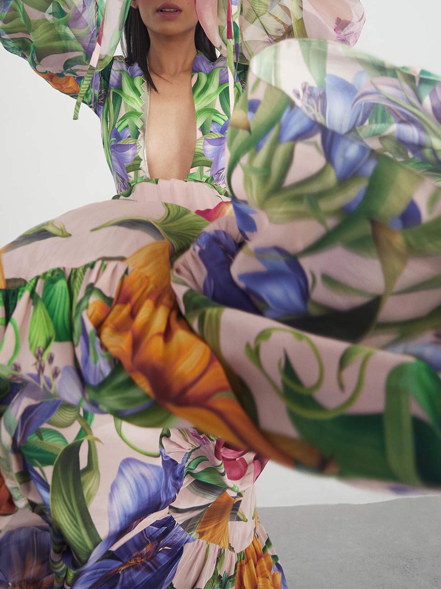 Deep V-neck Lantern Sleeve Seaside Holiday Printed One-piece Swimsuit Suit