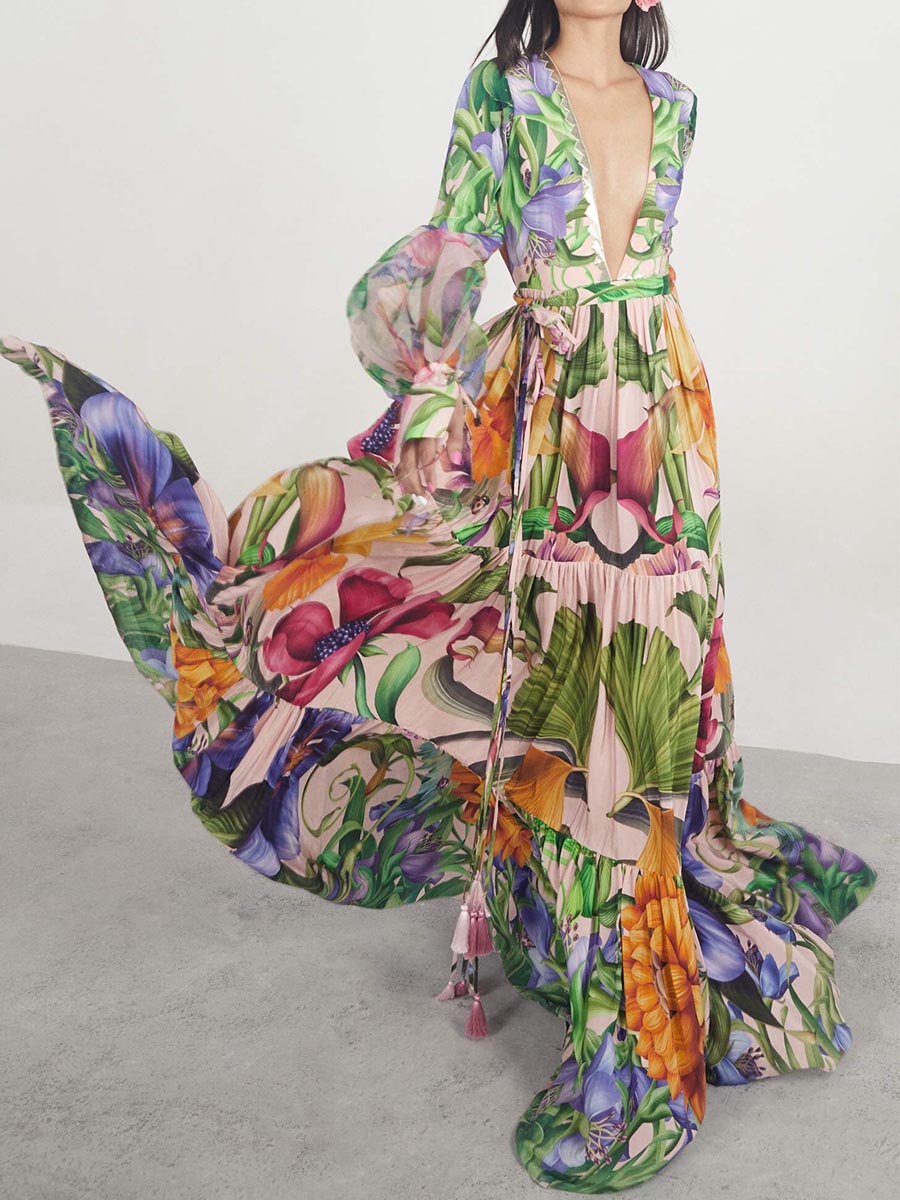 Deep V-neck Lantern Sleeve Seaside Holiday Printed One-piece Swimsuit Suit