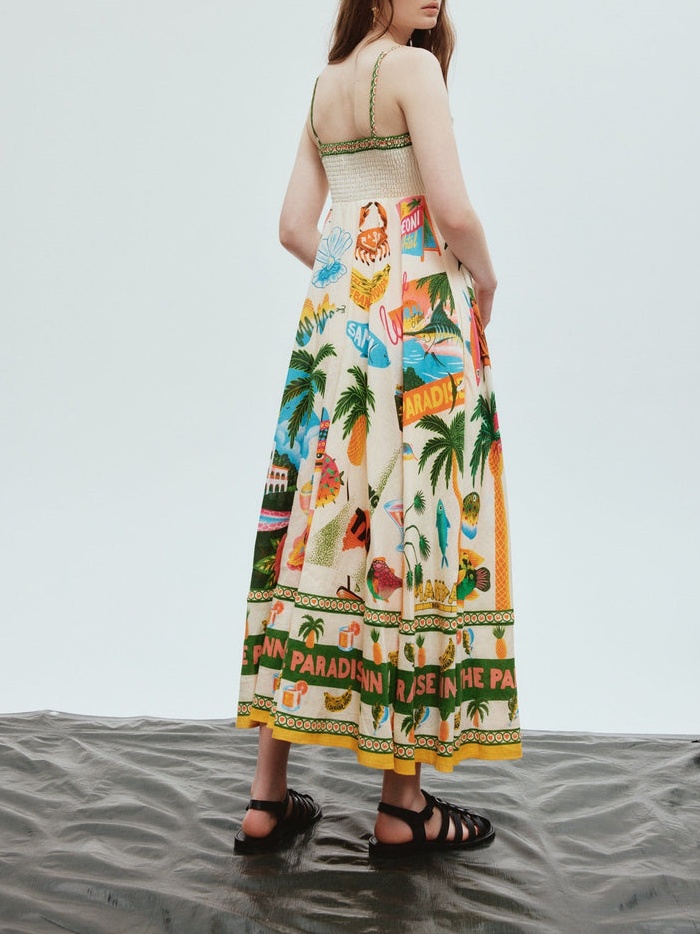 Unique Printed Smoked Rear Pocket Maxi Dress