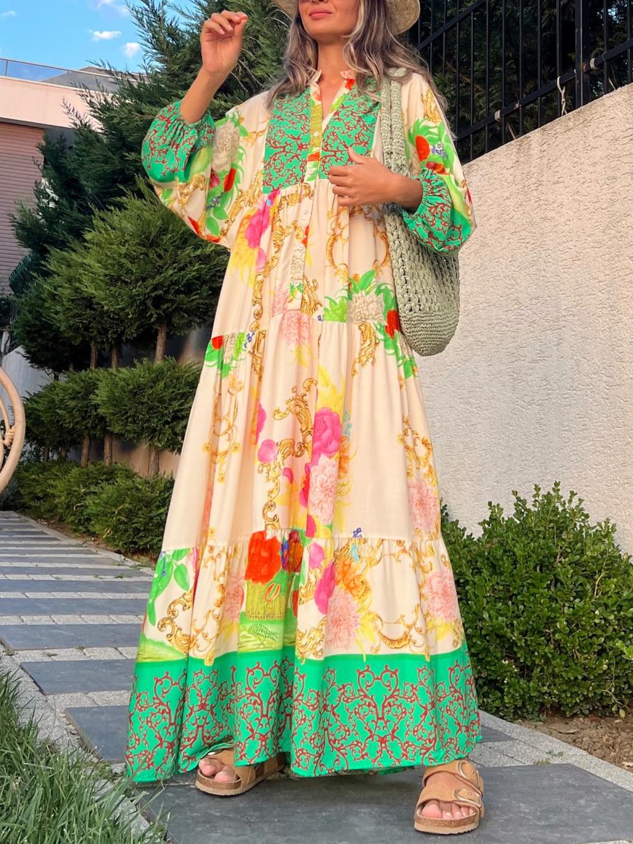 Green Printed Loose Maxi Dress