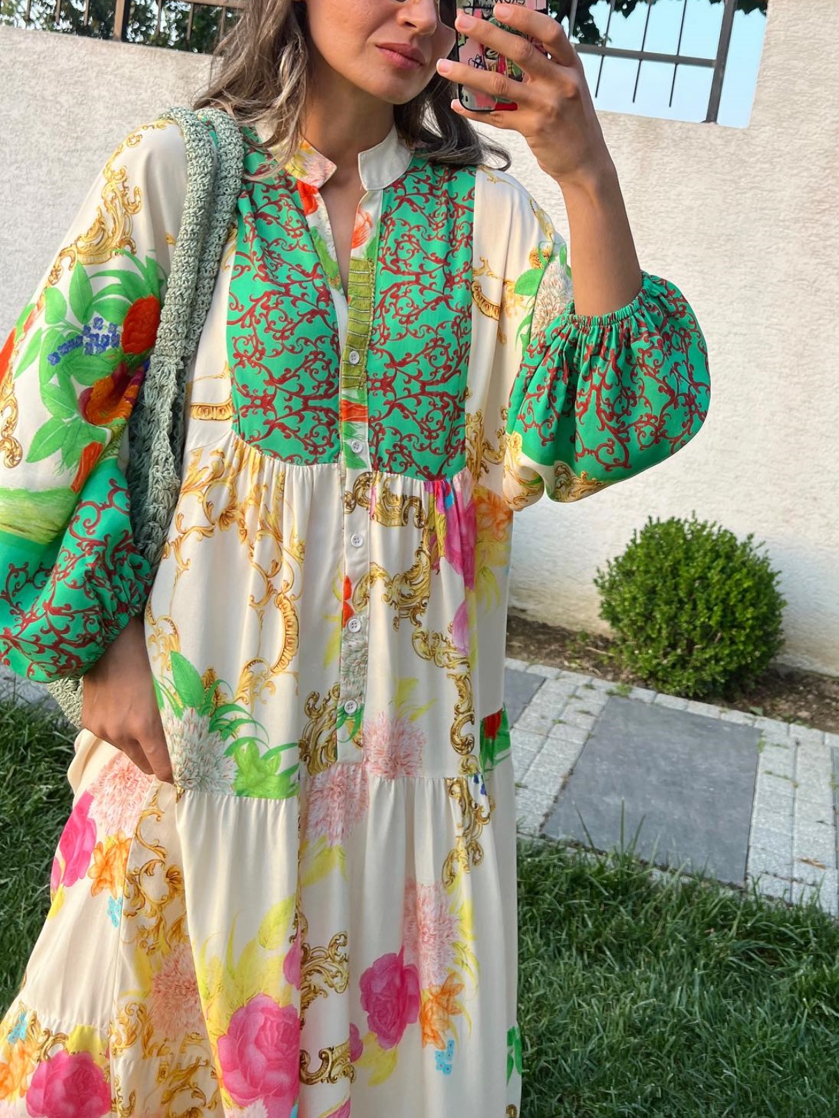 Green Printed Loose Maxi Dress