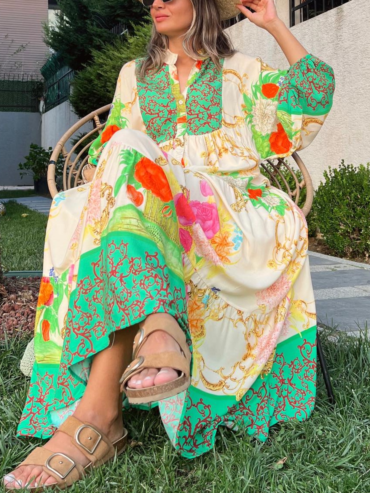 Green Printed Loose Maxi Dress