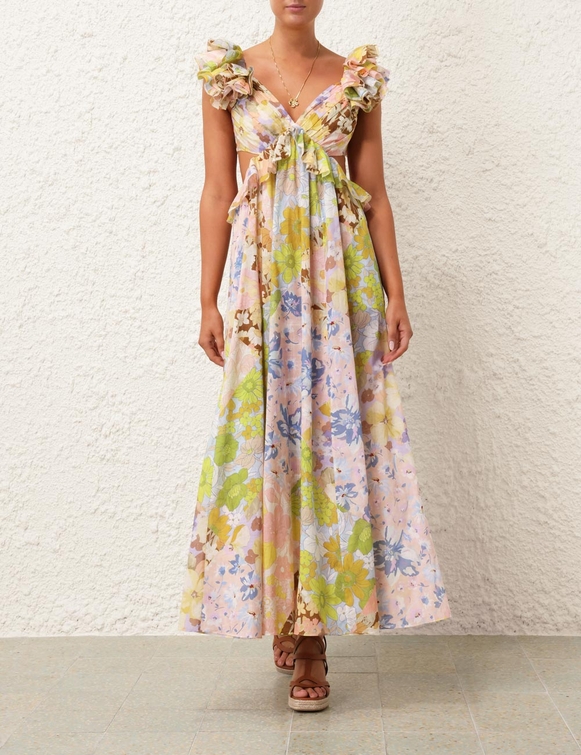 Ruffled Sleeve Printed Maxi Dress