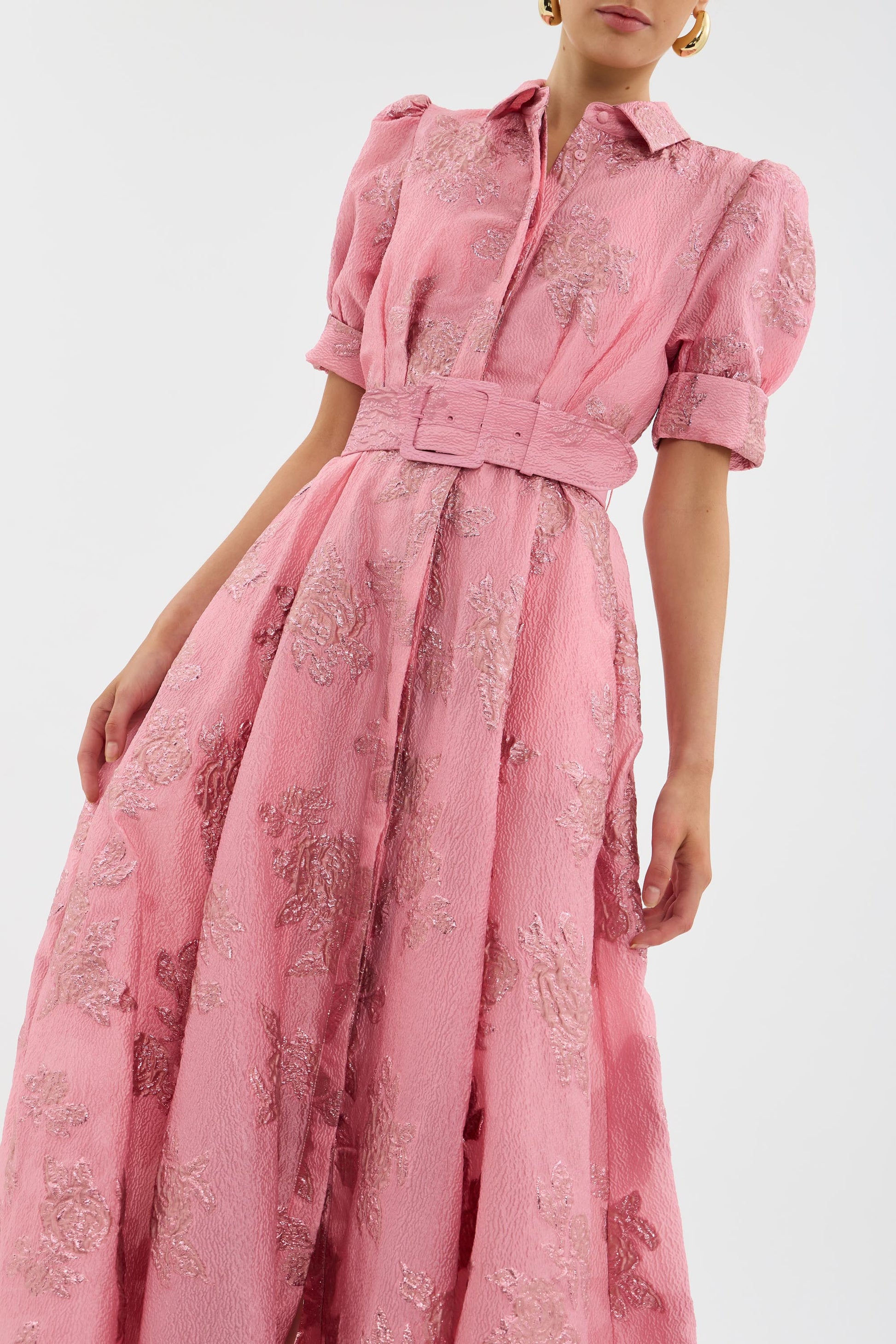 Pink Waist-cinching Button-down Maxi Dress