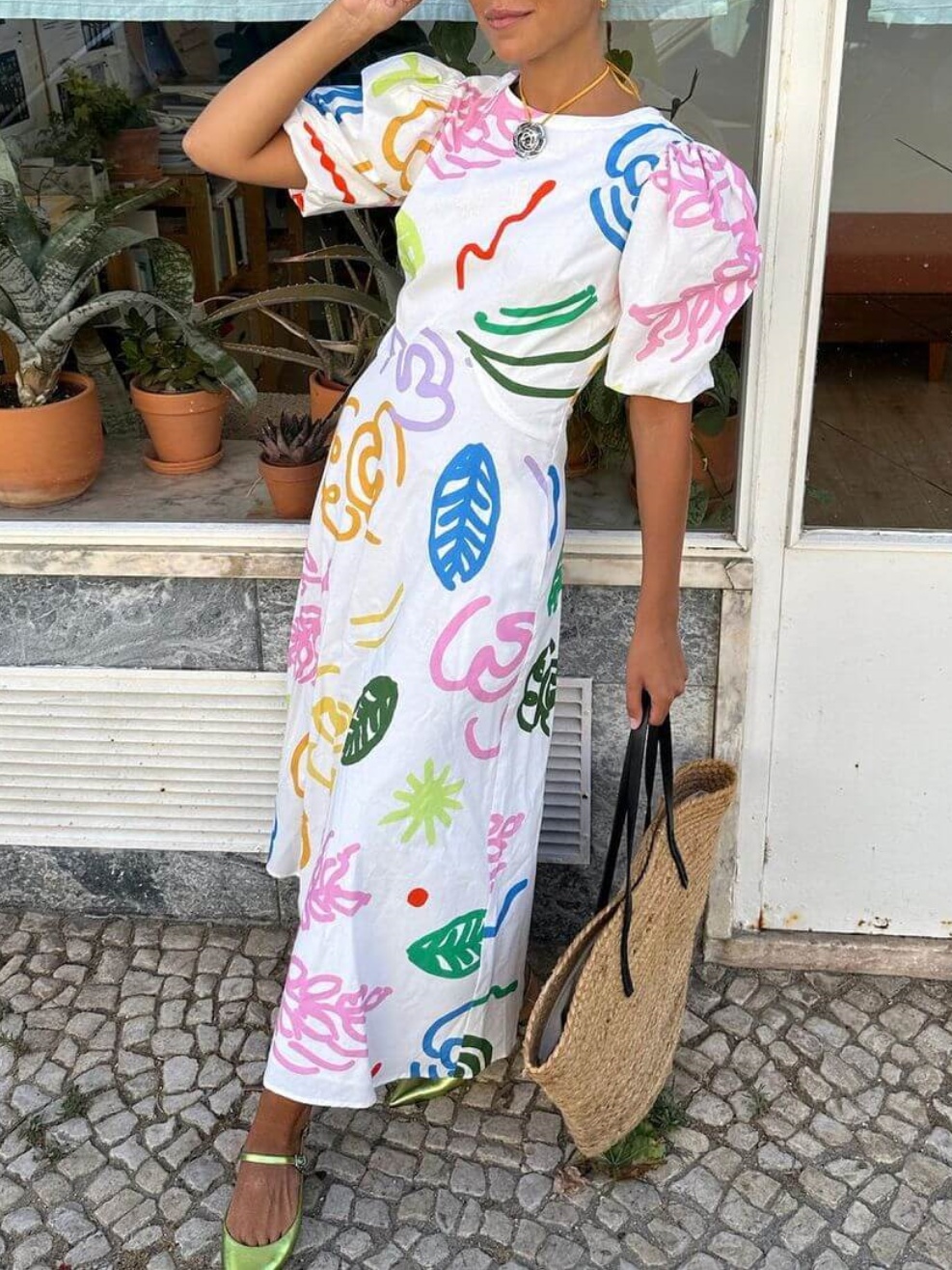 White Sketchy Floral Midi Dress