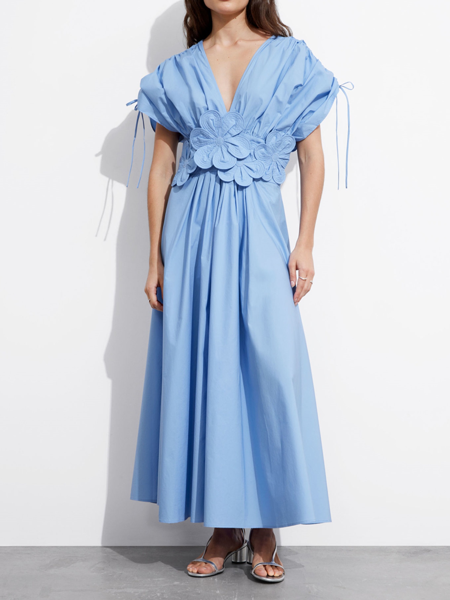 Blue Floral Applique Midi Dress